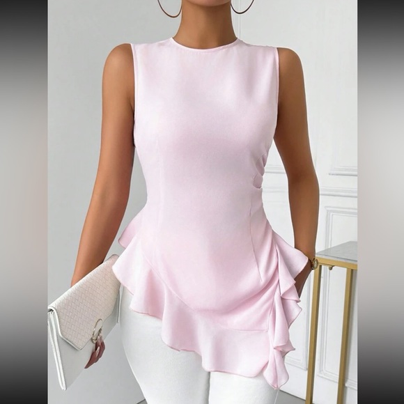 Luxe pink round neck ruffle hem sleeveless blouse - Picture 2 of 16